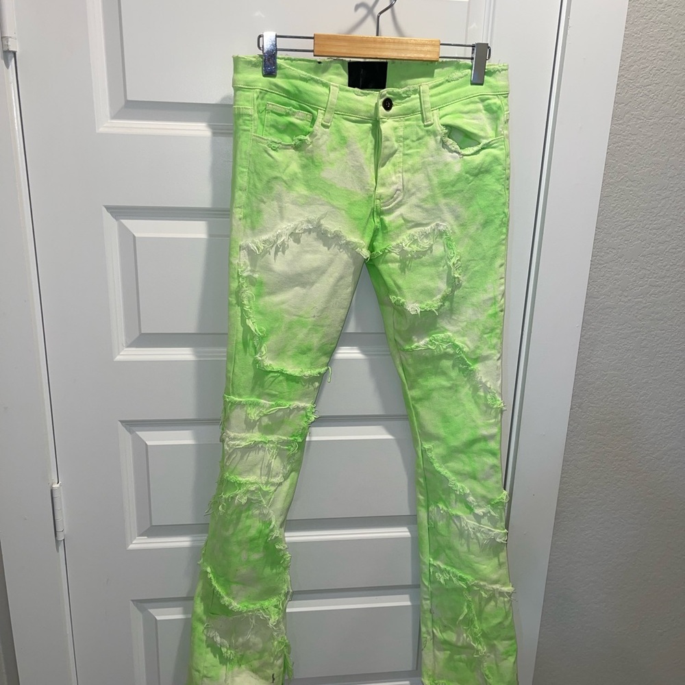 Valabasas Jeans Flare stacked Lime Green tie dye bootcut Mens 32x36